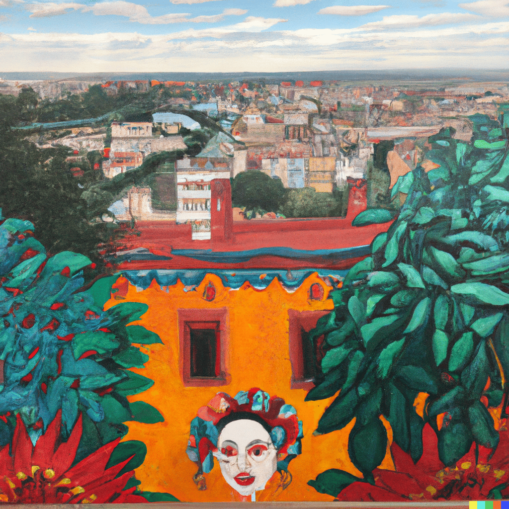 Peinture de Lyon dans le style de Frida Kahlo selon l'IA Dall-E